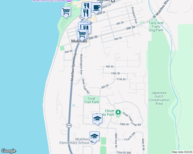 map of restaurants, bars, coffee shops, grocery stores, and more near 703 10th Street in Mukilteo