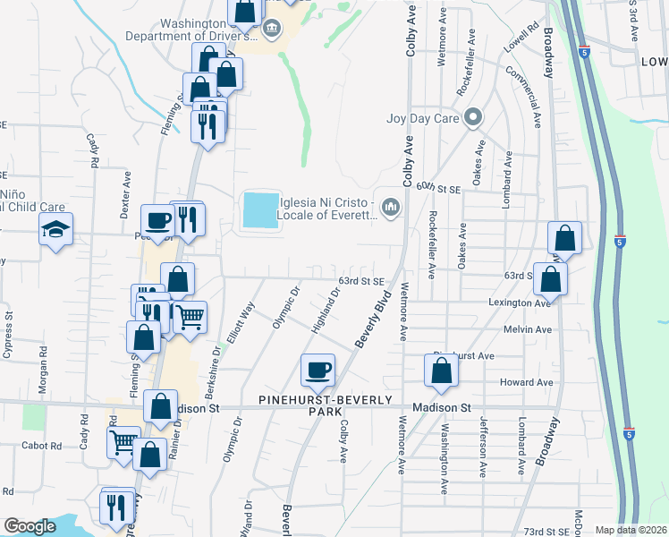 map of restaurants, bars, coffee shops, grocery stores, and more near 6404 Highland Drive in Everett