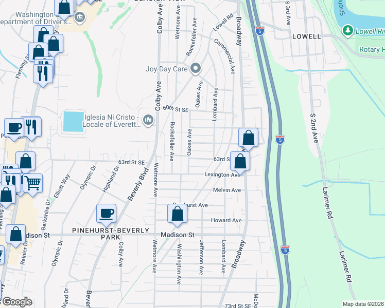 map of restaurants, bars, coffee shops, grocery stores, and more near 2103 63rd Street Southeast in Everett