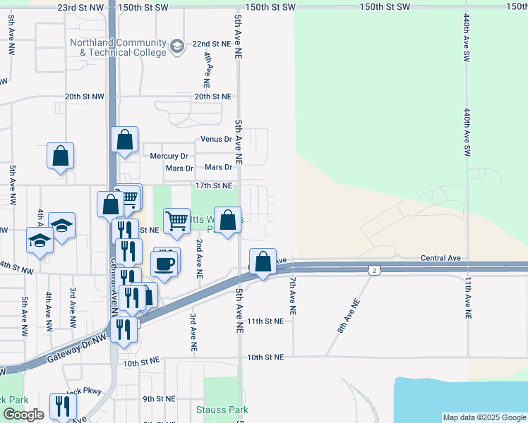 map of restaurants, bars, coffee shops, grocery stores, and more near 1504 Spruce Drive Northeast in East Grand Forks