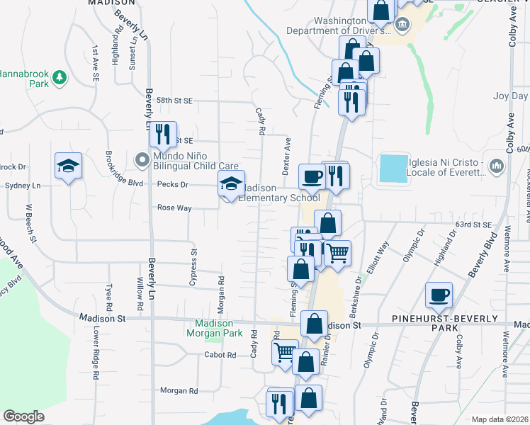 map of restaurants, bars, coffee shops, grocery stores, and more near 808 Pecks Drive in Everett