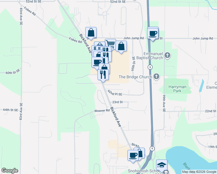 map of restaurants, bars, coffee shops, grocery stores, and more near 1823 25th Street in Snohomish
