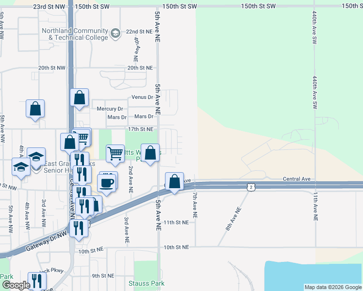 map of restaurants, bars, coffee shops, grocery stores, and more near 1514 Spruce Drive Northeast in East Grand Forks