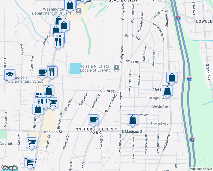 map of restaurants, bars, coffee shops, grocery stores, and more near 1701 62nd Street Southeast in Everett