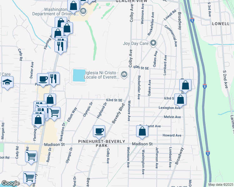 map of restaurants, bars, coffee shops, grocery stores, and more near 1801 62nd Street Southeast in Everett