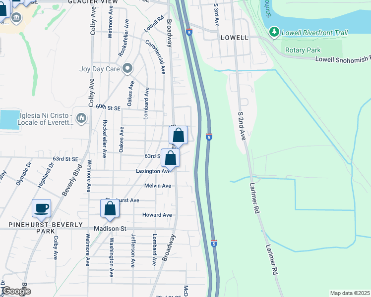 map of restaurants, bars, coffee shops, grocery stores, and more near 2423 62nd Street Southeast in Everett