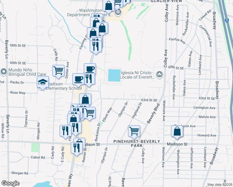 map of restaurants, bars, coffee shops, grocery stores, and more near 1321 63rd Street Southeast in Everett