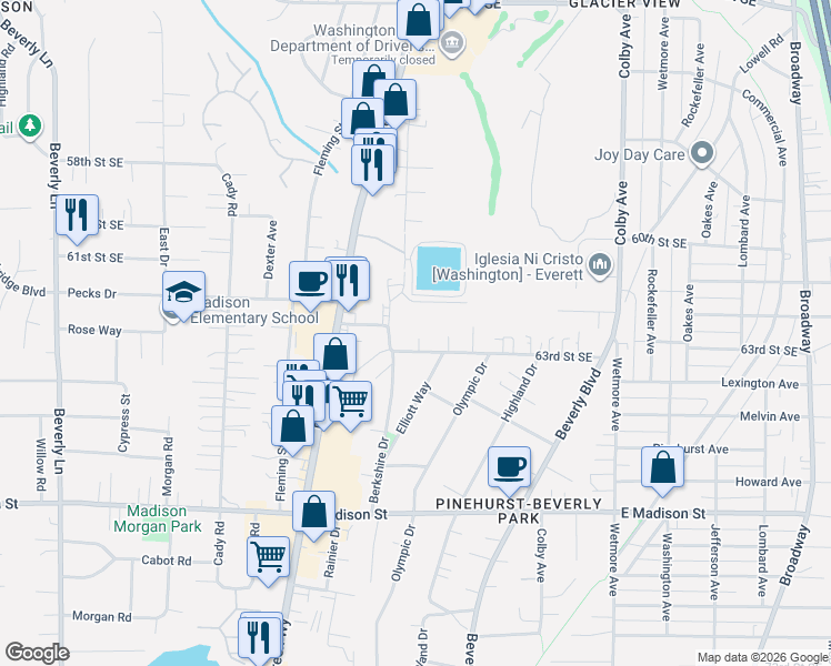 map of restaurants, bars, coffee shops, grocery stores, and more near 1321 63rd Street Southeast in Everett
