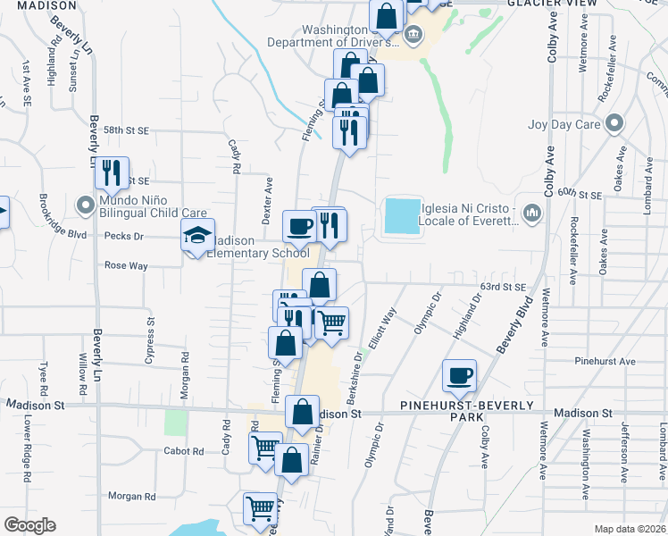 map of restaurants, bars, coffee shops, grocery stores, and more near 6209 Evergreen Way in Everett