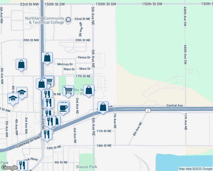 map of restaurants, bars, coffee shops, grocery stores, and more near 1612 Cedar Drive Northeast in East Grand Forks