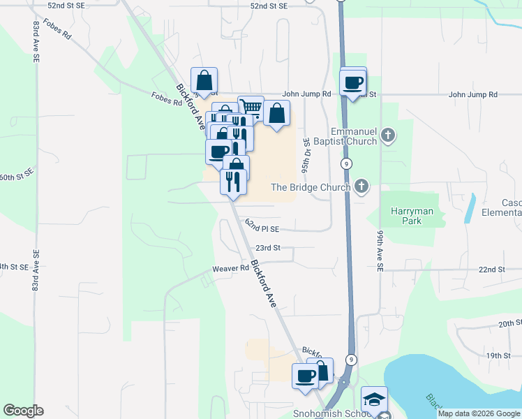 map of restaurants, bars, coffee shops, grocery stores, and more near 1809 25th Street in Snohomish