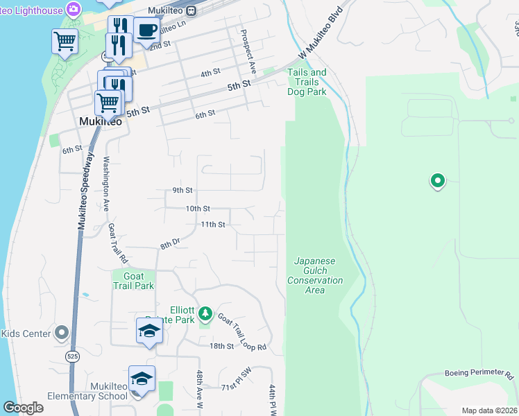 map of restaurants, bars, coffee shops, grocery stores, and more near 1028 10th Street in Mukilteo