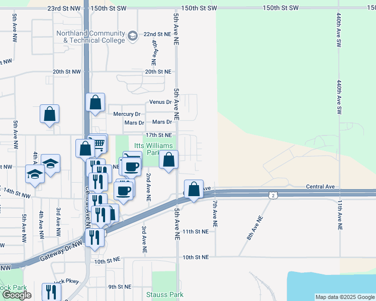 map of restaurants, bars, coffee shops, grocery stores, and more near 1516 Aspen Drive Northeast in East Grand Forks