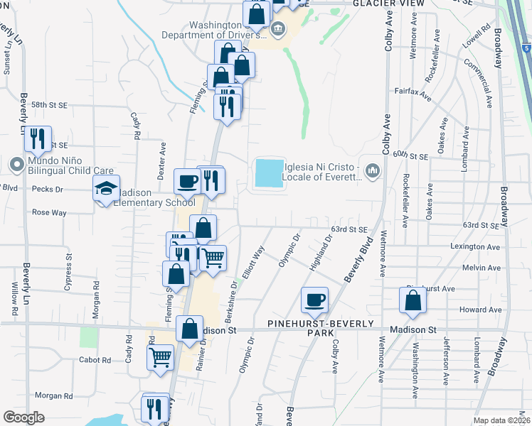 map of restaurants, bars, coffee shops, grocery stores, and more near 1321 63rd Street Southeast in Everett