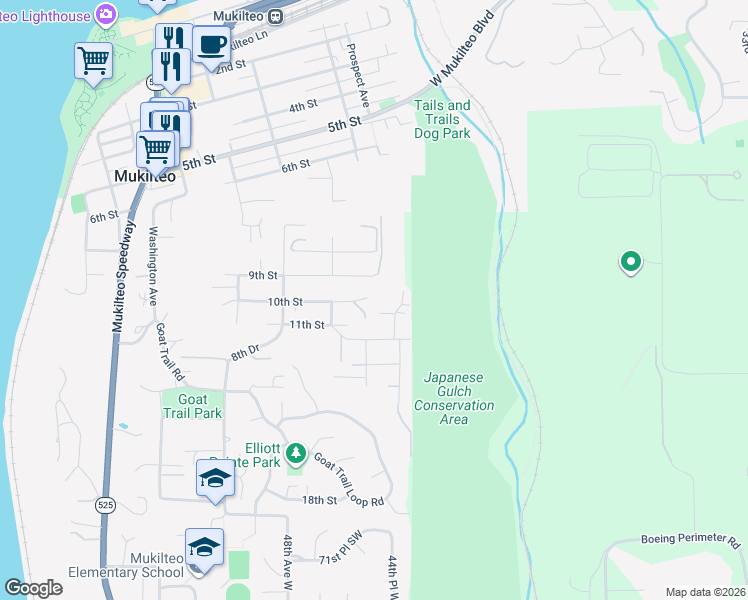 map of restaurants, bars, coffee shops, grocery stores, and more near 1028 10th Street in Mukilteo
