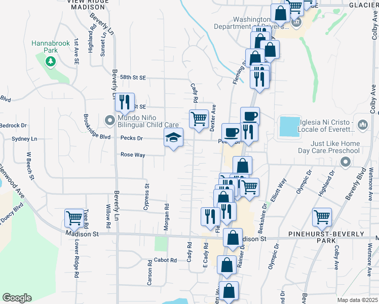 map of restaurants, bars, coffee shops, grocery stores, and more near 6222 Cady Road in Everett