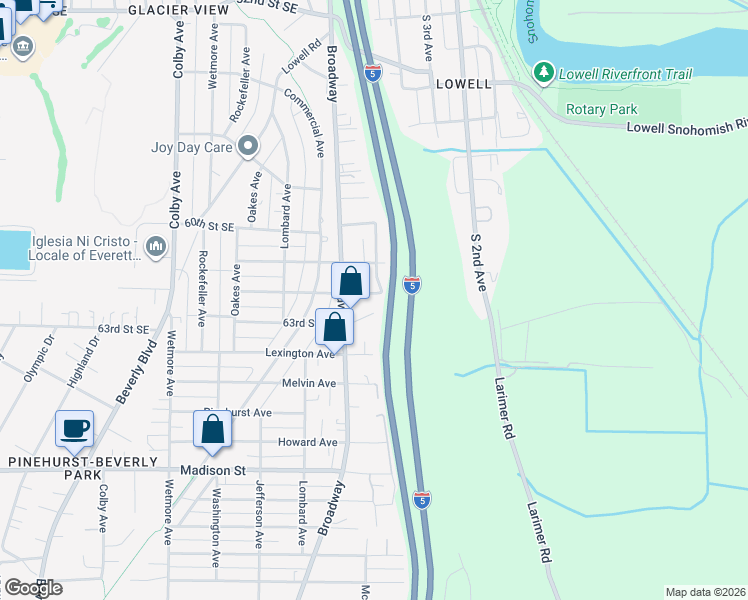 map of restaurants, bars, coffee shops, grocery stores, and more near 2512 62nd Street Southeast in Everett