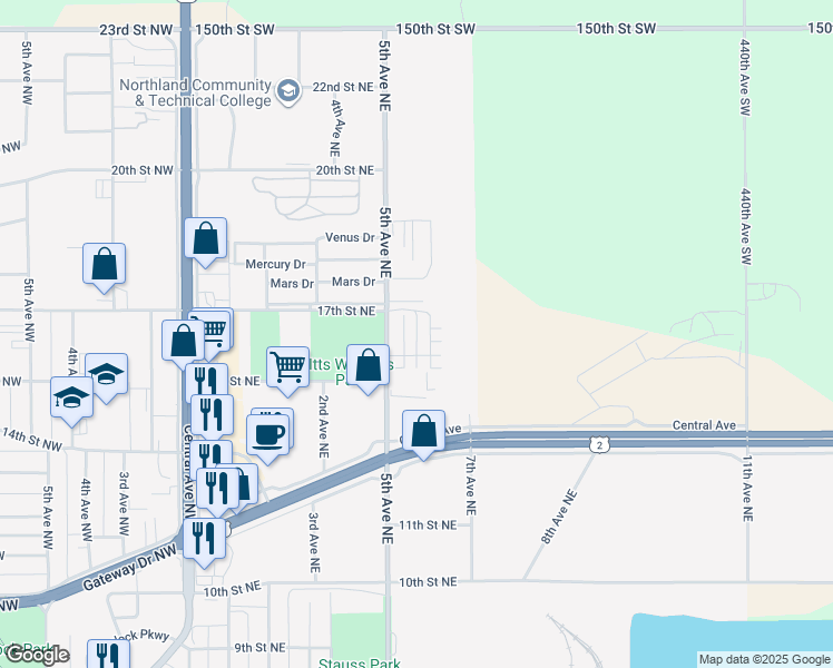 map of restaurants, bars, coffee shops, grocery stores, and more near 1609 Cedar Drive Northeast in East Grand Forks