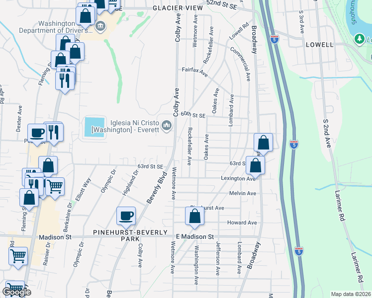 map of restaurants, bars, coffee shops, grocery stores, and more near 6215 Lowell Road in Everett