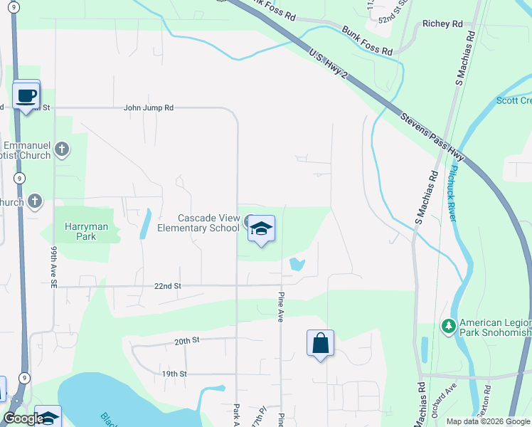 map of restaurants, bars, coffee shops, grocery stores, and more near 421 Rainbow Place in Snohomish