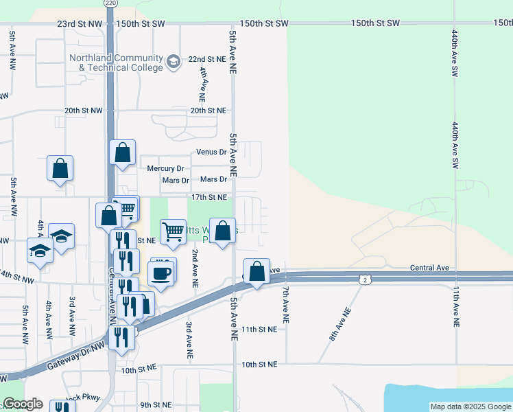 map of restaurants, bars, coffee shops, grocery stores, and more near 1612 Cedar Drive Northeast in East Grand Forks