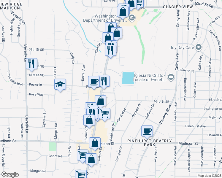 map of restaurants, bars, coffee shops, grocery stores, and more near 6209 Evergreen Way in Everett