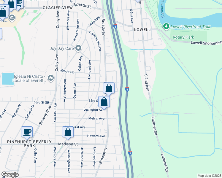 map of restaurants, bars, coffee shops, grocery stores, and more near 2423 62nd Street Southeast in Everett