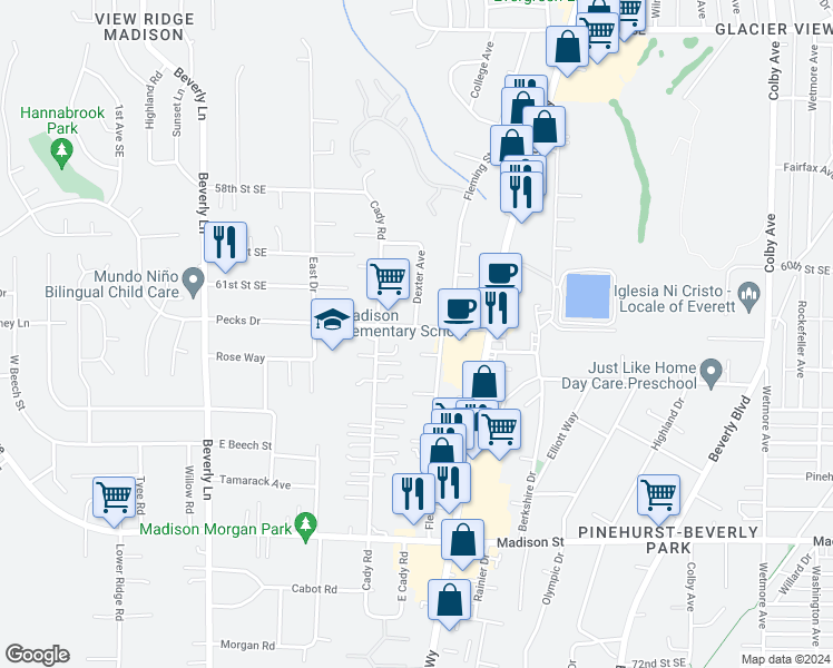map of restaurants, bars, coffee shops, grocery stores, and more near 912 Pecks Drive in Everett