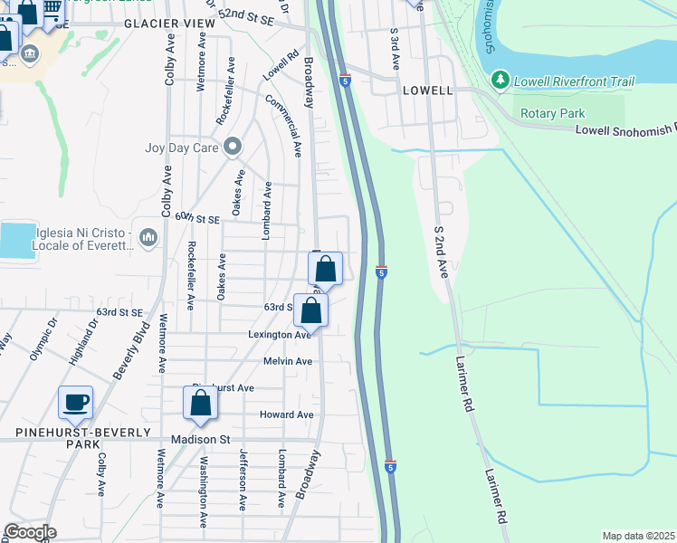 map of restaurants, bars, coffee shops, grocery stores, and more near 2423 62nd Street Southeast in Everett