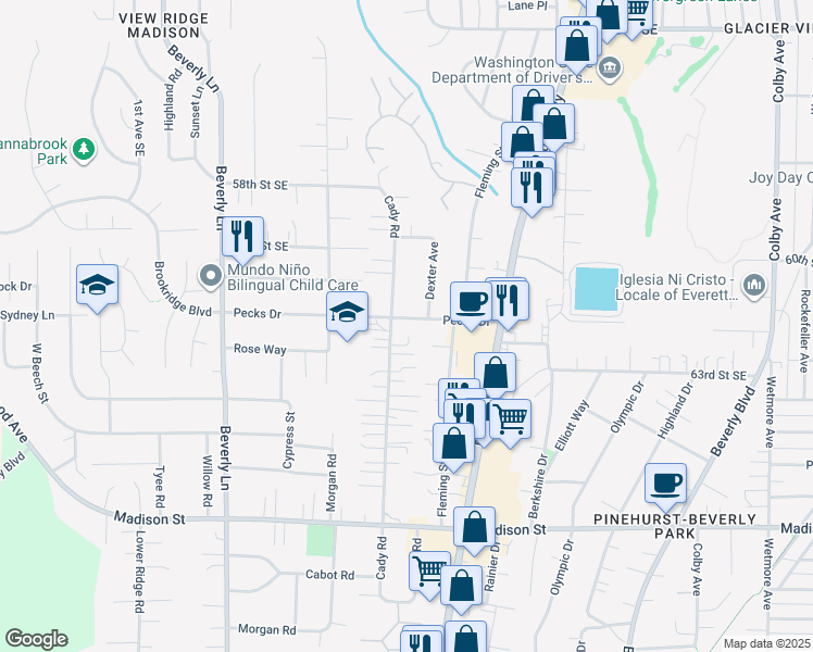 map of restaurants, bars, coffee shops, grocery stores, and more near 808 Pecks Drive in Everett