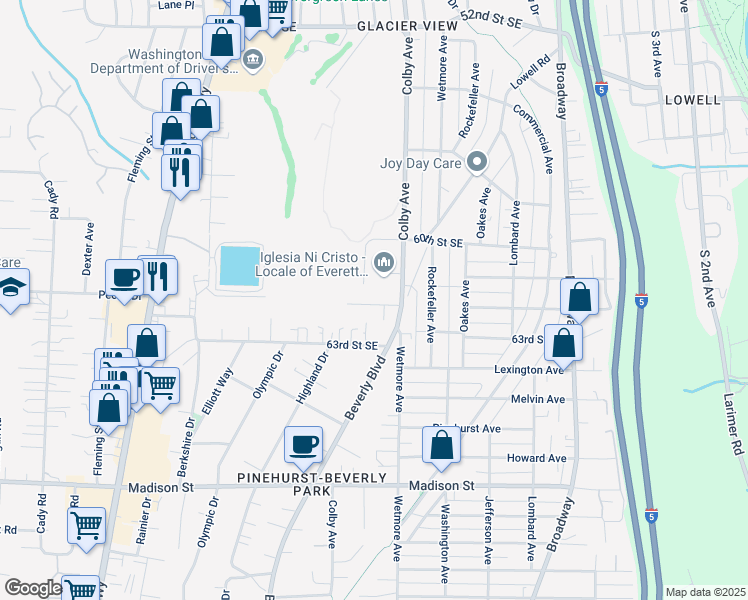 map of restaurants, bars, coffee shops, grocery stores, and more near 1801 62nd Street Southeast in Everett