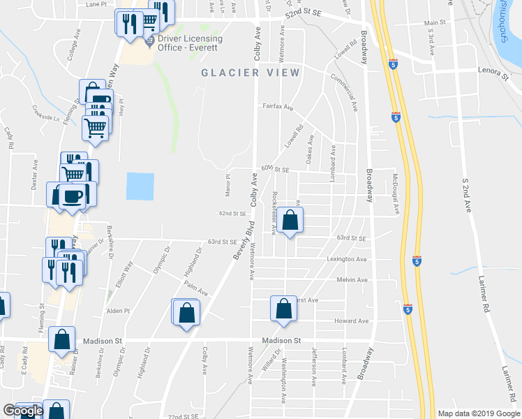 map of restaurants, bars, coffee shops, grocery stores, and more near 6215 Lowell Road in Everett