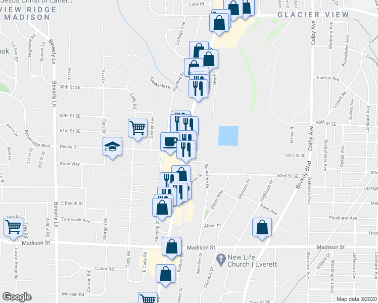 map of restaurants, bars, coffee shops, grocery stores, and more near 6209 Evergreen Way in Everett