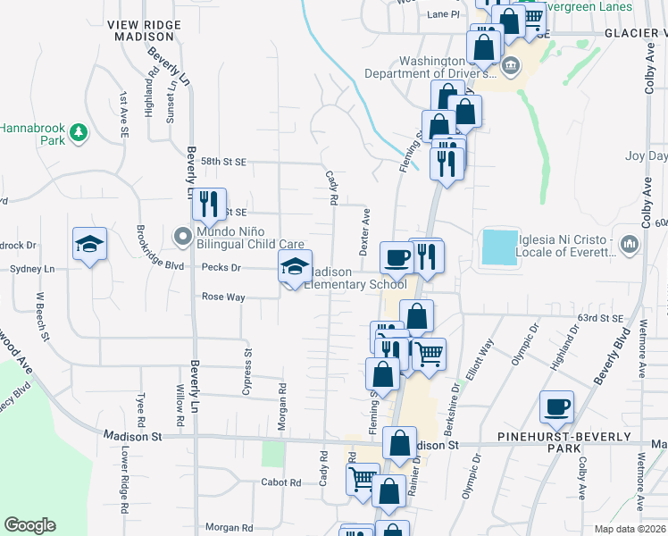 map of restaurants, bars, coffee shops, grocery stores, and more near in Everett