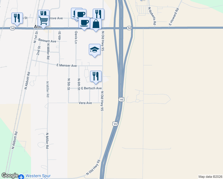 map of restaurants, bars, coffee shops, grocery stores, and more near 29720 U.S. 95 in Athol
