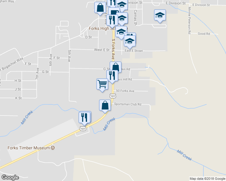 map of restaurants, bars, coffee shops, grocery stores, and more near 50 Forks Avenue in Forks