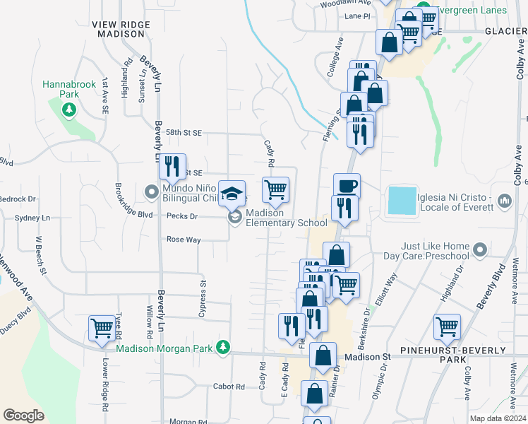 map of restaurants, bars, coffee shops, grocery stores, and more near 808 Pecks Drive in Everett
