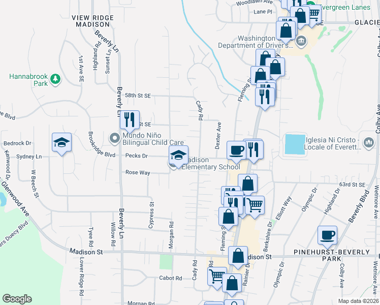 map of restaurants, bars, coffee shops, grocery stores, and more near 710 Pecks Drive in Everett