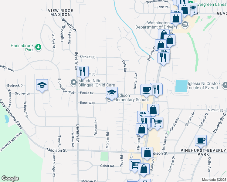 map of restaurants, bars, coffee shops, grocery stores, and more near 710 Pecks Drive in Everett