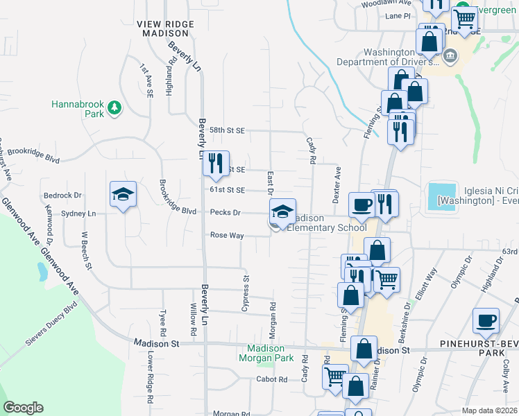 map of restaurants, bars, coffee shops, grocery stores, and more near 6210 East Drive in Everett
