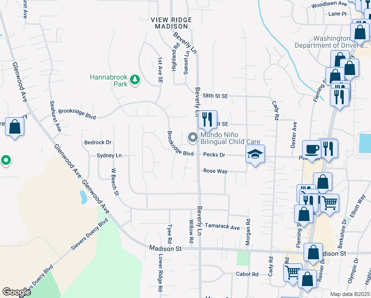 map of restaurants, bars, coffee shops, grocery stores, and more near 6012 Beverly Lane in Everett