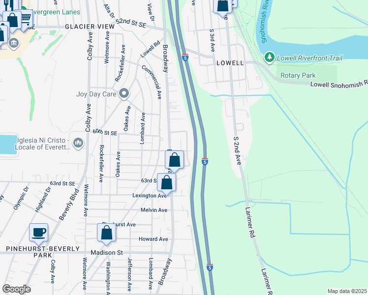 map of restaurants, bars, coffee shops, grocery stores, and more near 2424 60th Street Southeast in Everett