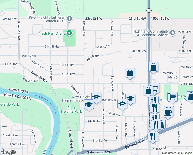 map of restaurants, bars, coffee shops, grocery stores, and more near 1800 7th Avenue Northwest in East Grand Forks