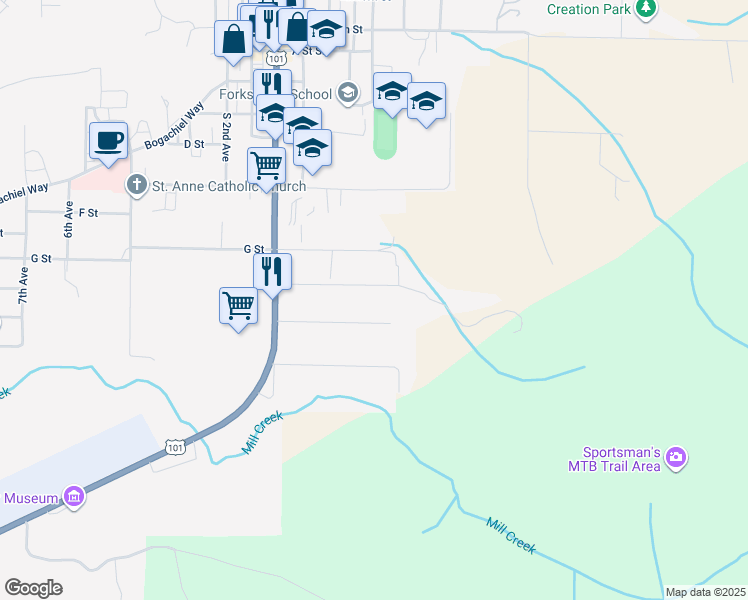 map of restaurants, bars, coffee shops, grocery stores, and more near 400 Fern Hill Road in Forks