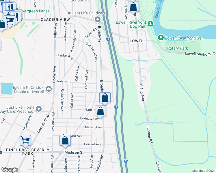 map of restaurants, bars, coffee shops, grocery stores, and more near 2424 60th Street Southeast in Everett