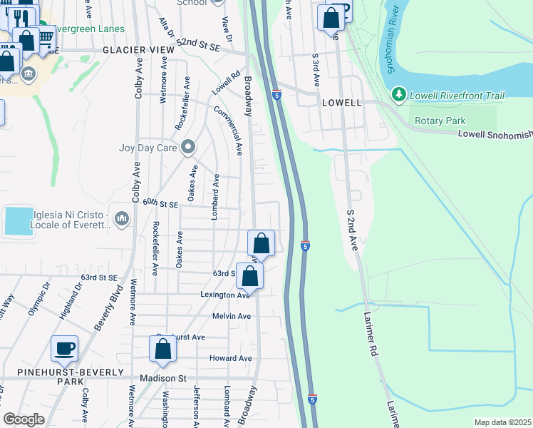 map of restaurants, bars, coffee shops, grocery stores, and more near 2505 61st Street Southeast in Everett