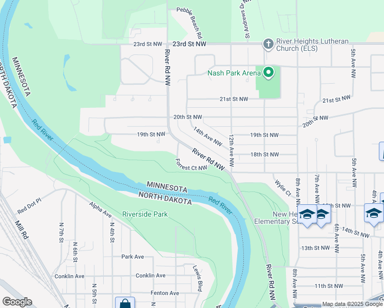 map of restaurants, bars, coffee shops, grocery stores, and more near 1813 River Road Northwest in East Grand Forks