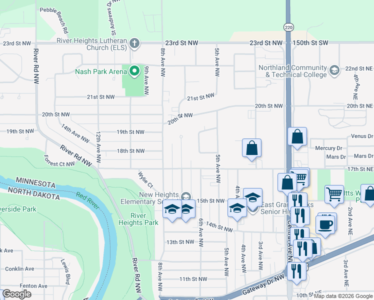 map of restaurants, bars, coffee shops, grocery stores, and more near 1800 7th Avenue Northwest in East Grand Forks