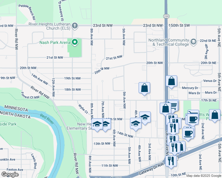 map of restaurants, bars, coffee shops, grocery stores, and more near 15 Garden Court Northwest in East Grand Forks