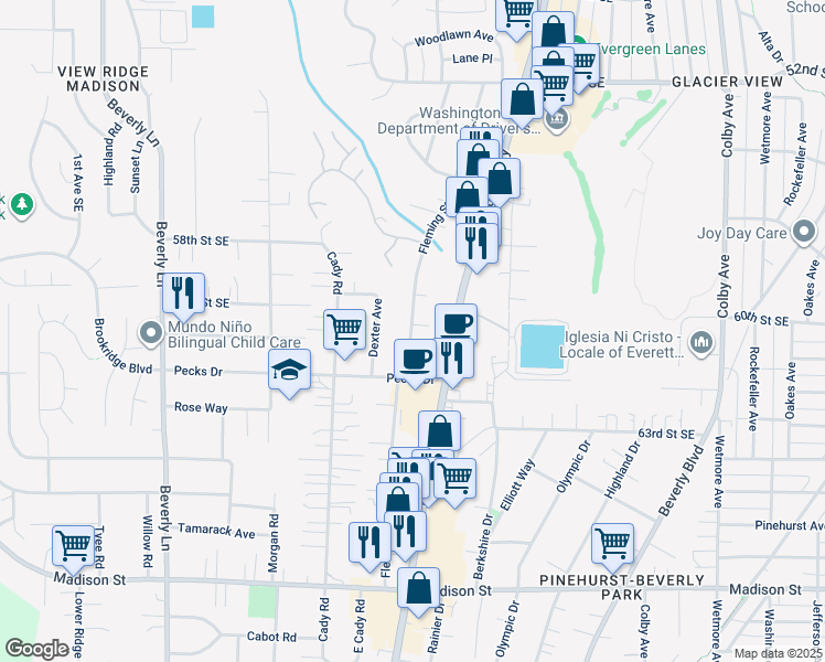 map of restaurants, bars, coffee shops, grocery stores, and more near 6018 Fleming Street in Everett